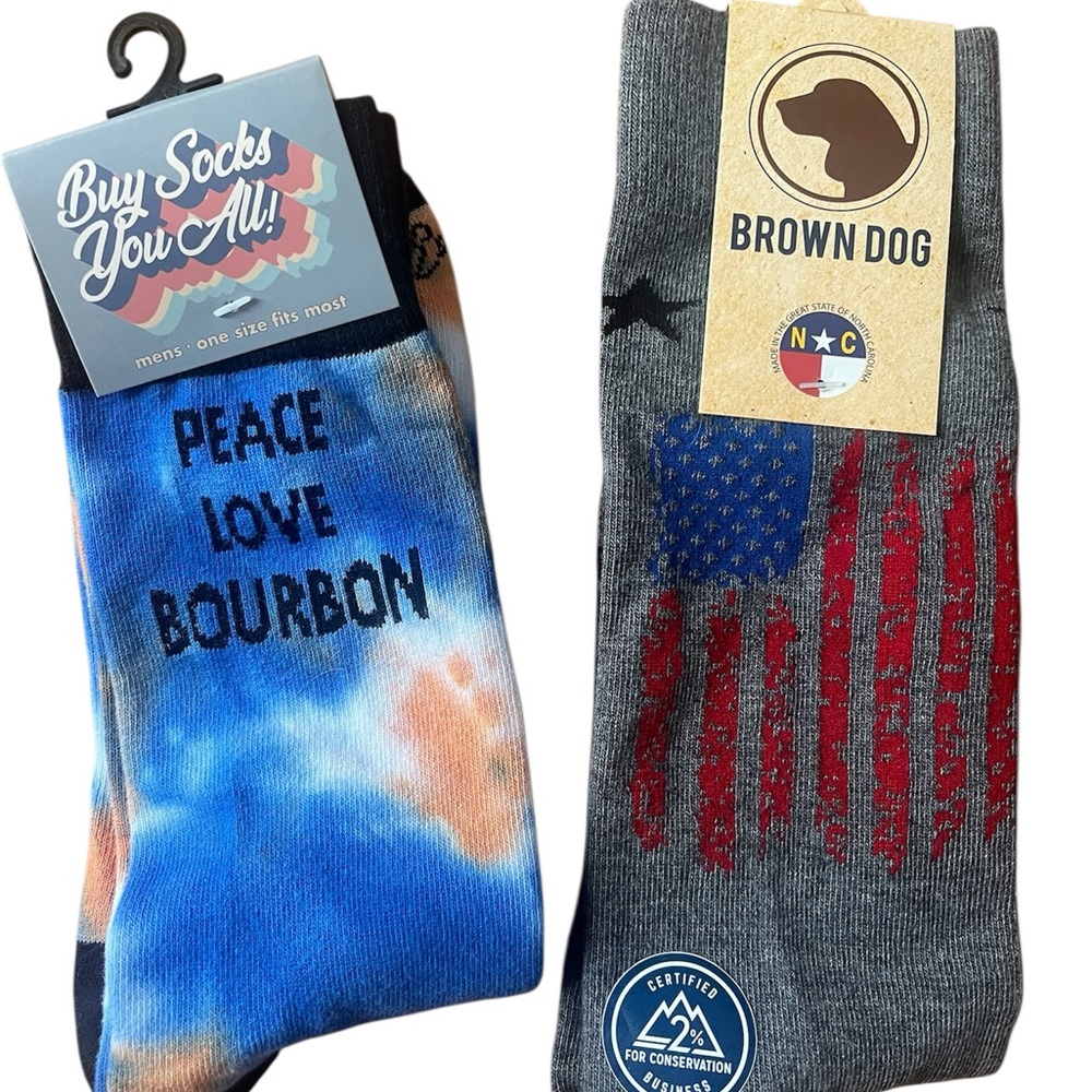 Gray Socks with American Flag Design + Peace Love Bourbon Men’s Socks. NWT